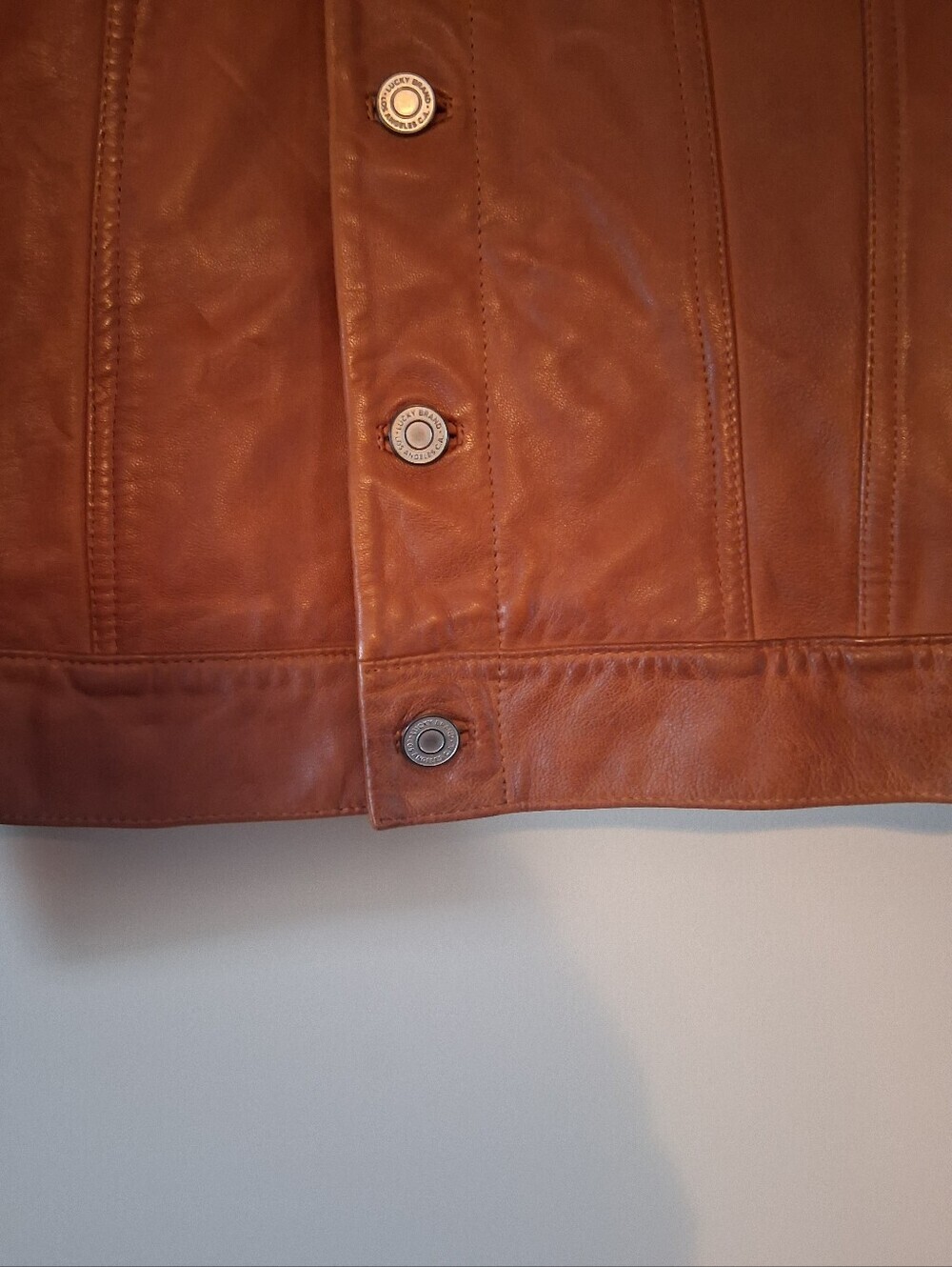 NWOT Lucky Brand Leather Trucker Jacket In Color: Cognac Size L - Picture 11 of 15
